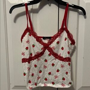 Strawberry Print Cami with Red Lace